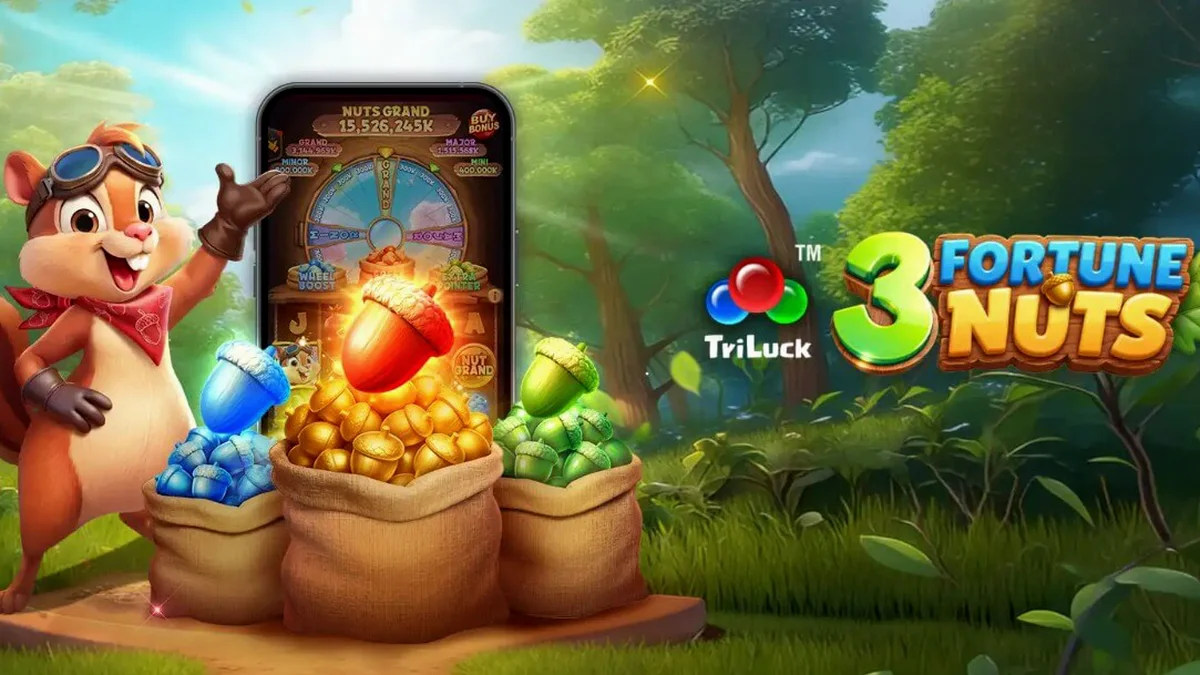 Tampilan visual slot 3 Fortune Nuts dengan tema hutan dan tupai
