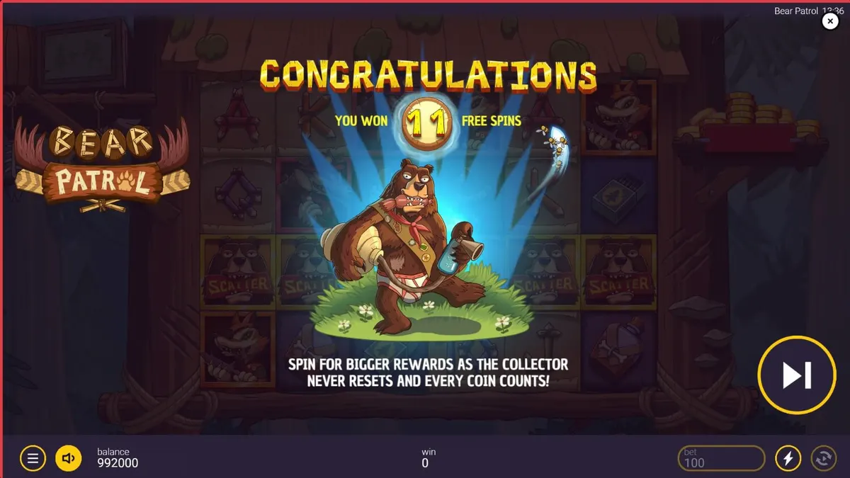 Tampilan visual slot Bear Patrol dengan karakter hewan penjaga hutan dan elemen berkemah.