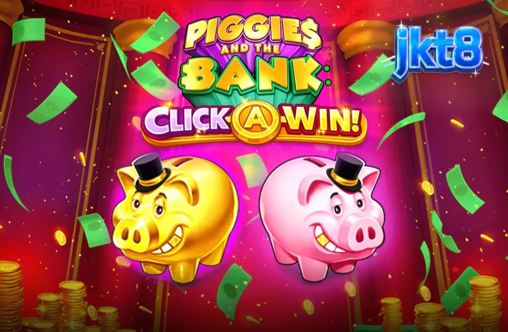 Tampilan layar permainan slot Piggies and the Bank: Click-A-Win dengan babi kaya bertopi tinggi dan koin emas